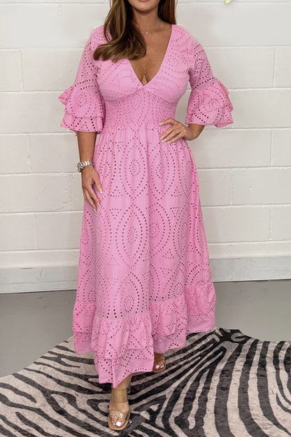 Levoire | Robe En Coton Avec Décolleté En V Et Découpes En Dentelle Rosa
