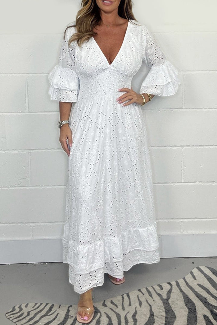 Levoire | Robe En Coton Avec Décolleté En V Et Découpes En Dentelle Blanc