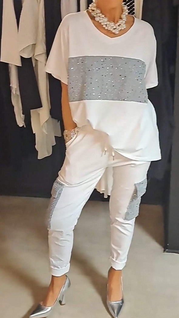 Levoire | Ensemble Décontracté Col Rond Paillettes Blanc