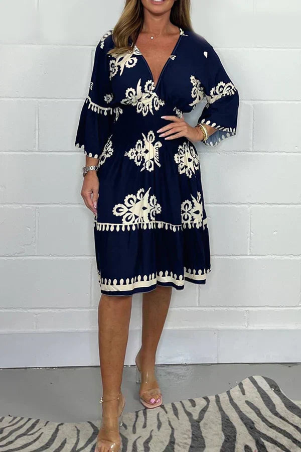 Levoire | Robe Imprimé Élégant Décolleté V Bleu marine