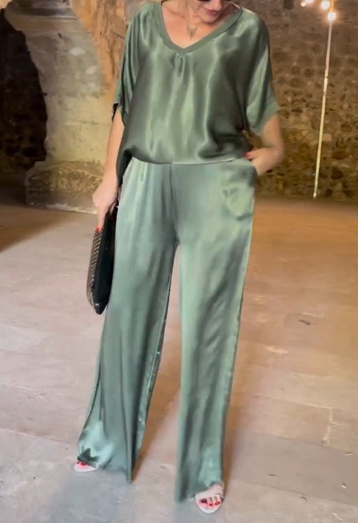 Levoire | Ensemble En Satin À Deux Pièces Avec Col Rond Vert clair
