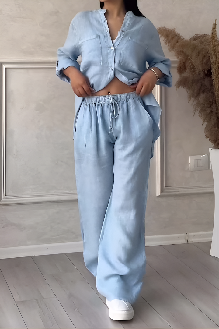Levoire | Ensemble Chemise Et Pantalon En Mélange De Lin Pour Femmes Bleu ciel