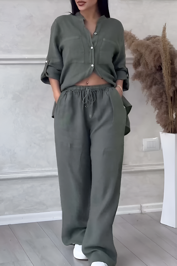 Levoire | Ensemble Chemise Et Pantalon En Mélange De Lin Pour Femmes Vert armée