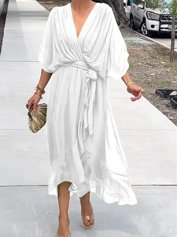 Levoire | Robe En Chiffon Verte Avec Décolleté En V Blanc
