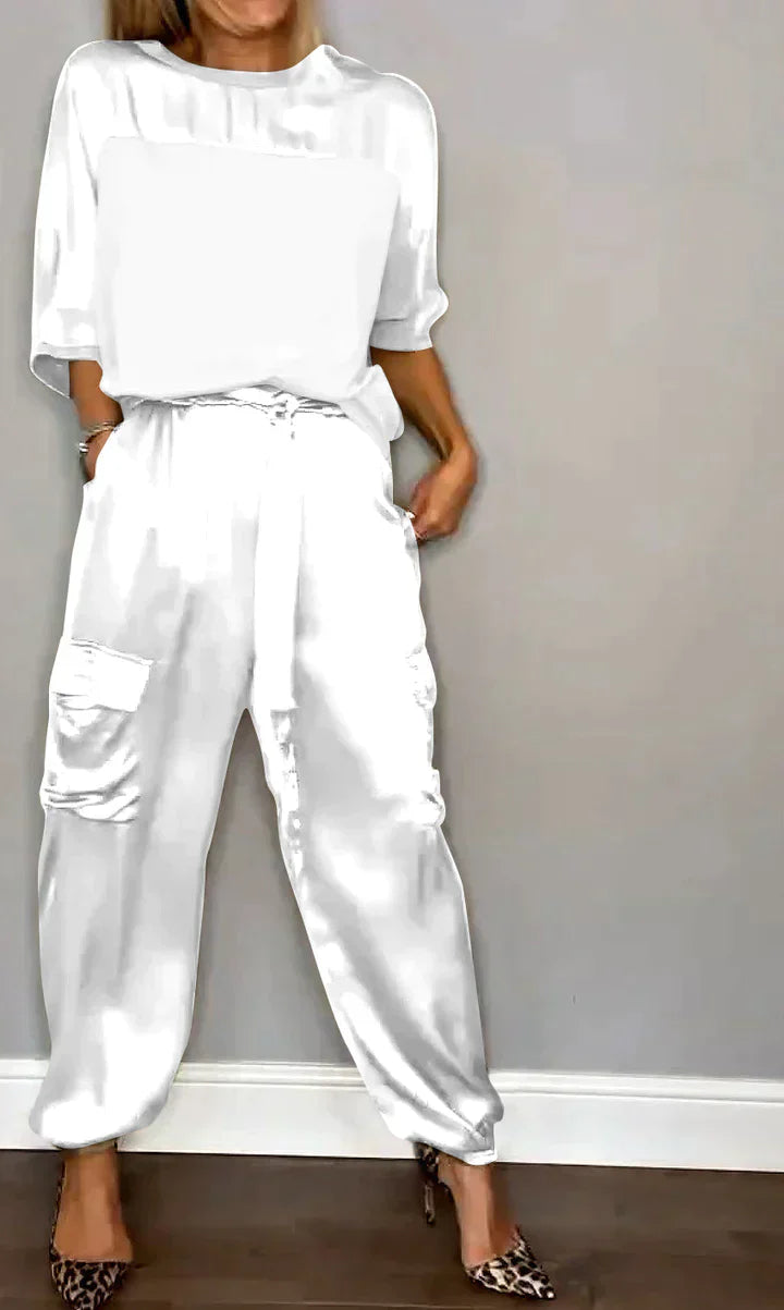 Levoire | Ensemble Satin Lisse Haut Mi-Long Et Pantalon Blanc