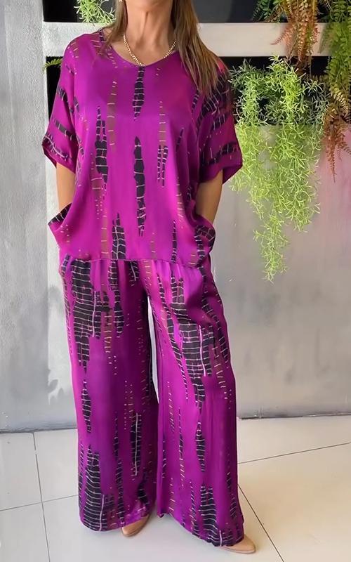 Levoire | Deux Pièces Satin Lounge Set Avec Col Rond Lilas