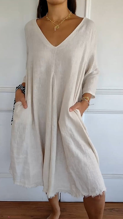 Levoire | Robe à encolure en V en coton et lin Abricot
