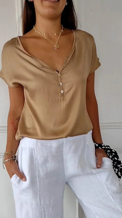 Levoire | Top En Satin Avec Décolleté En V Et Fermeture À Boutons Marron clair