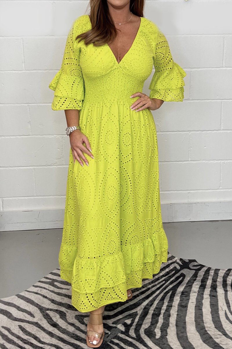 Levoire | Robe En Coton Avec Décolleté En V Et Découpes En Dentelle Jaune