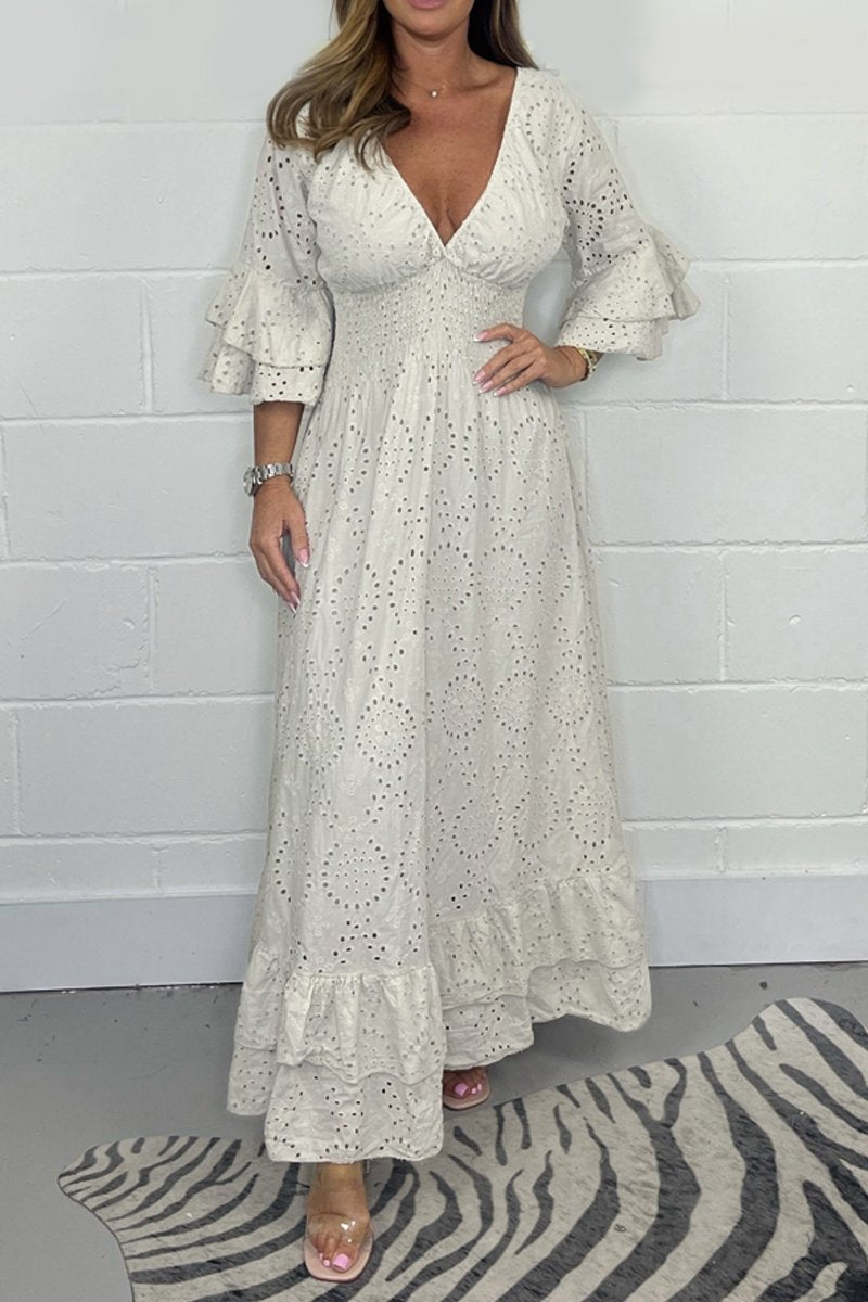 Levoire | Robe En Coton Avec Décolleté En V Et Découpes En Dentelle Beige
