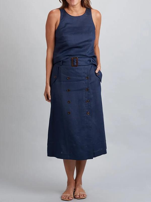 Levoire | Robe sans manches avec ceinture et boutons Bleu marine