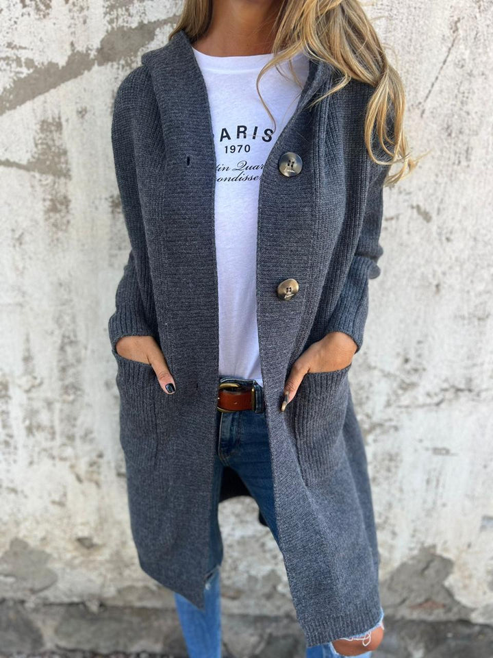 Levoire | Élégant Long Cardigan En Tricot Avec Capuche Gris