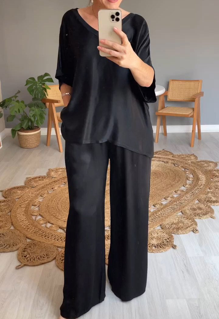 Levoire | Ensemble En Satin À Deux Pièces Avec Col Rond Noir
