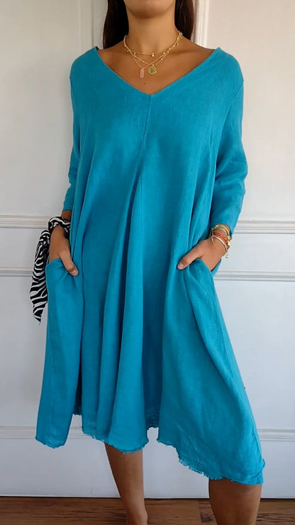 Levoire | Robe à encolure en V en coton et lin Bleu