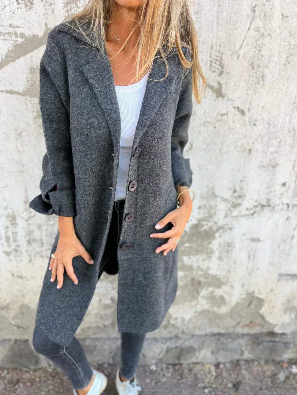 Levoire | Manteau Long Élégant Et Décontracté Avec Poches Pratiques Gris