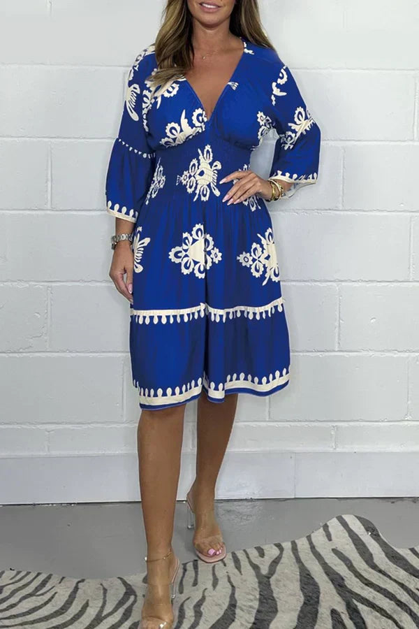 Levoire | Robe Imprimé Élégant Décolleté V Bleu foncé