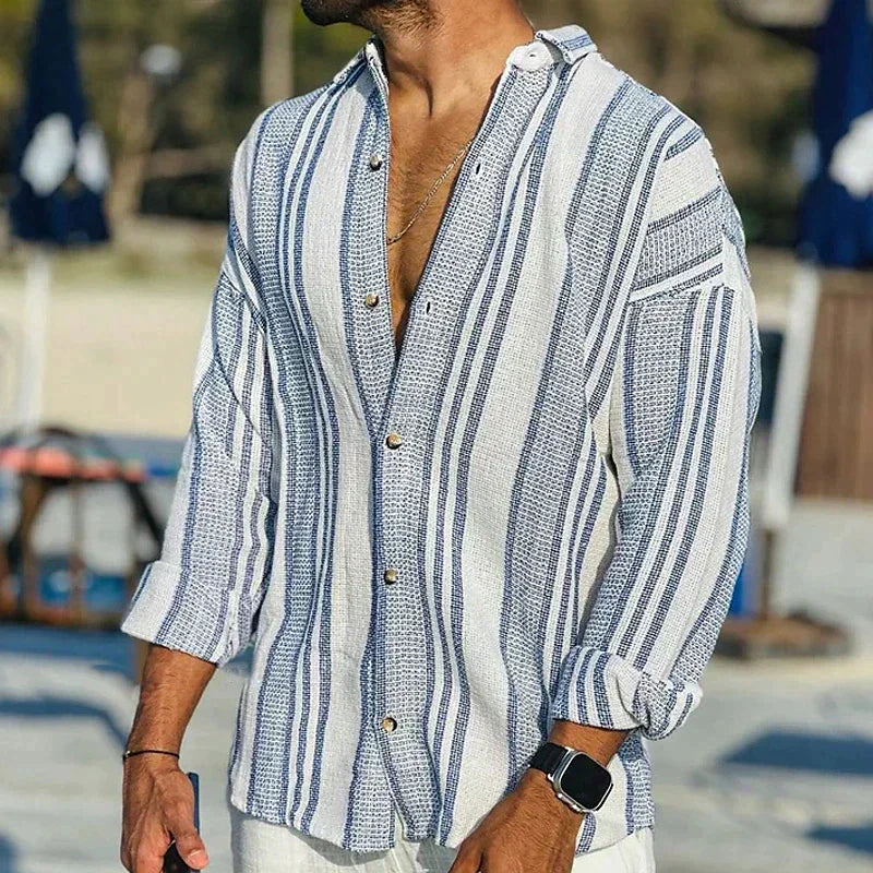 Levoire | Rento Chemise Rayée À Manches Longues Avec Boutons Bleu