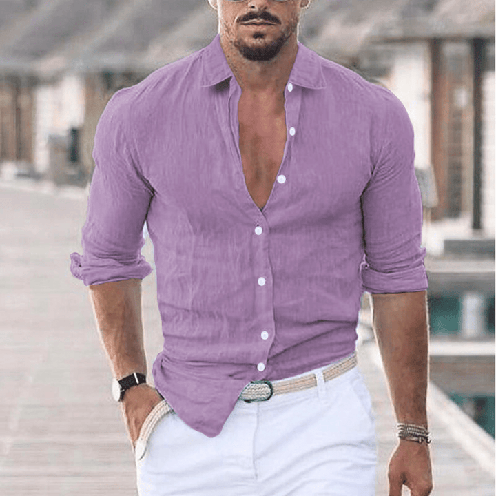 Levoire | Chemise en lin pour hommes avec col rabattu tendance Lilas