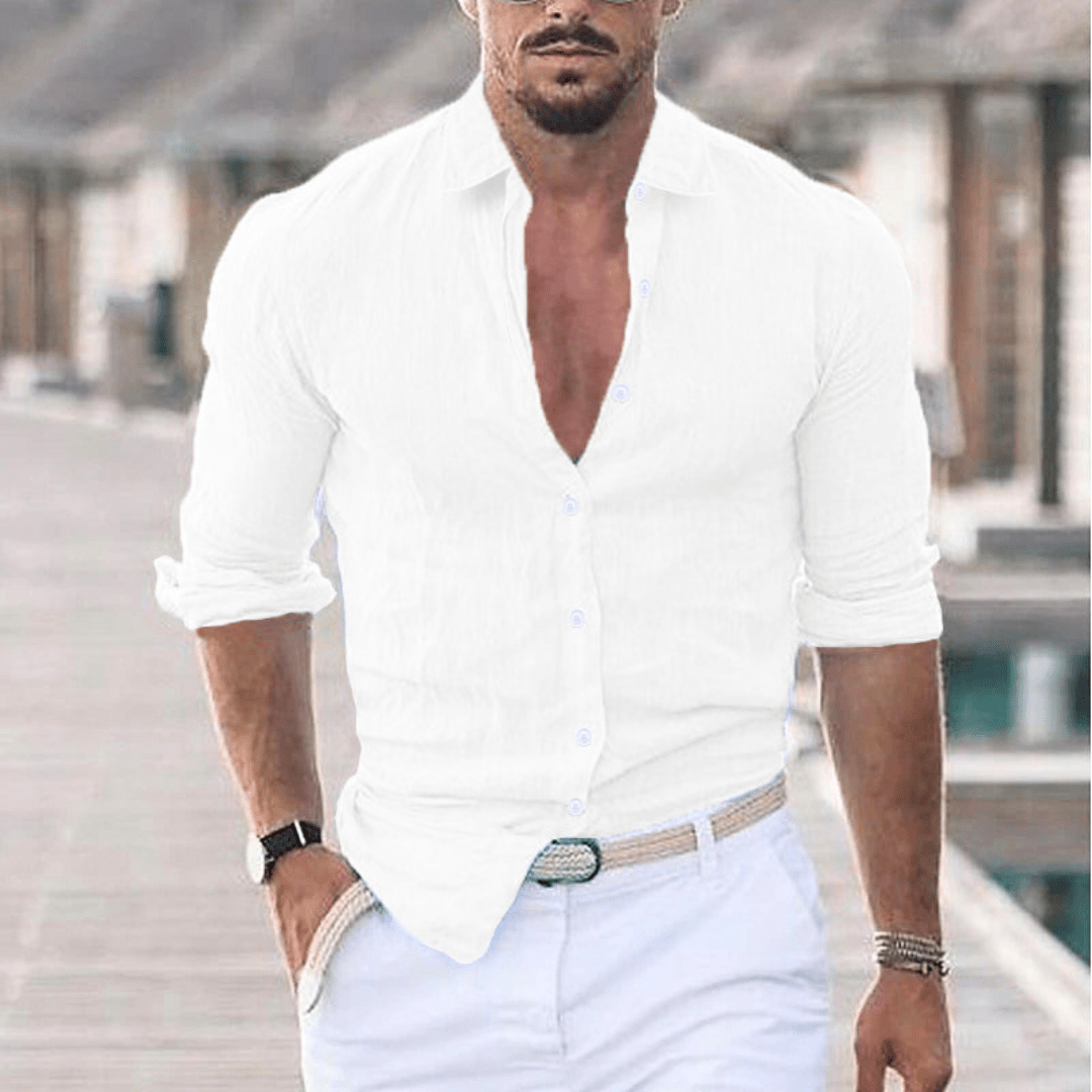 Levoire | Chemise en lin pour hommes avec col rabattu tendance Blanc
