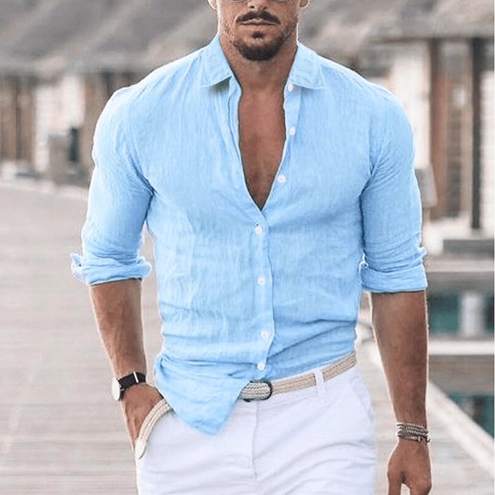 Levoire | Chemise en lin pour hommes avec col rabattu tendance Bleu clair