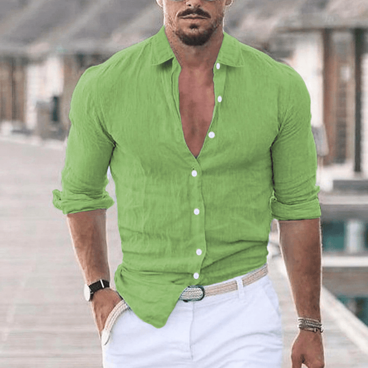 Levoire | Chemise en lin pour hommes avec col rabattu tendance Vert