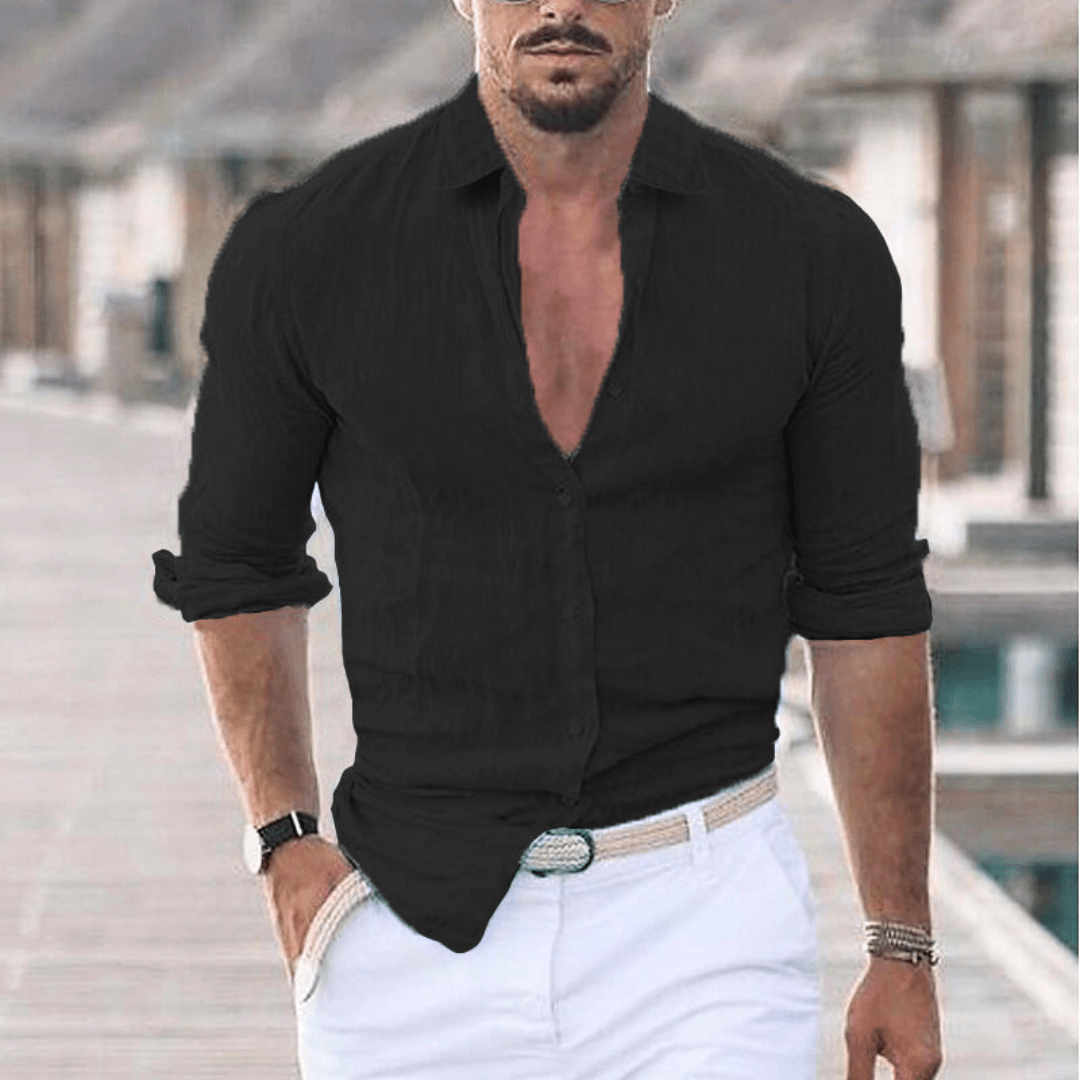 Levoire | Chemise en lin pour hommes avec col rabattu tendance Noir