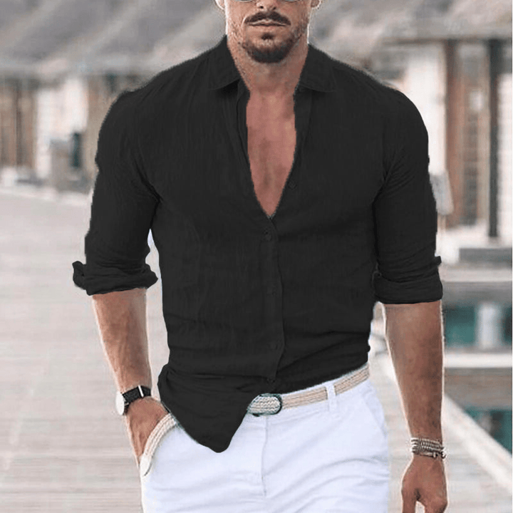 Levoire | Chemise en lin pour hommes avec col rabattu tendance Noir