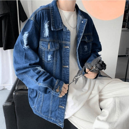Levoire | Veste Homme Denim Bleu Veste Avec Déchirures Jean Veste Pour Printemps & Automne Denim Bleu