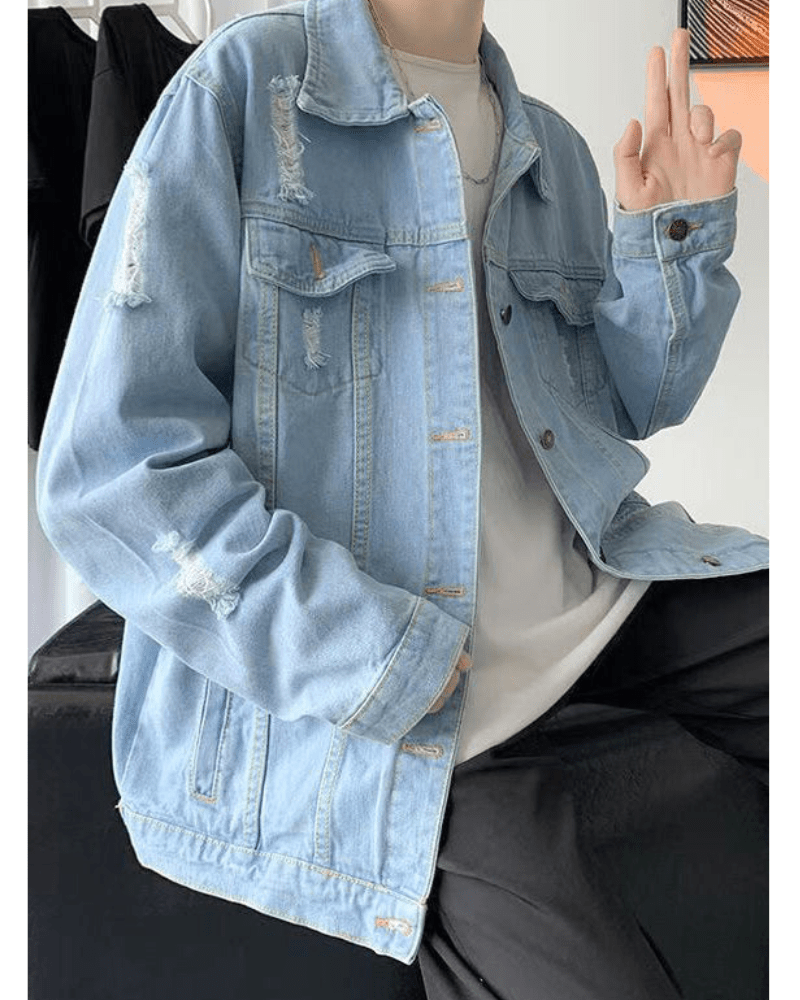Levoire | Veste Homme Denim Bleu Veste Avec Déchirures Jean Veste Pour Printemps & Automne Bleu clair