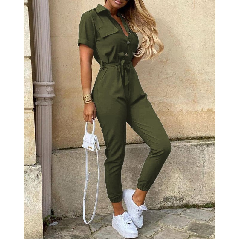 Levoire | Combinaison D'Été - Col En V, Boutons, Avec Ceinture Vert olive