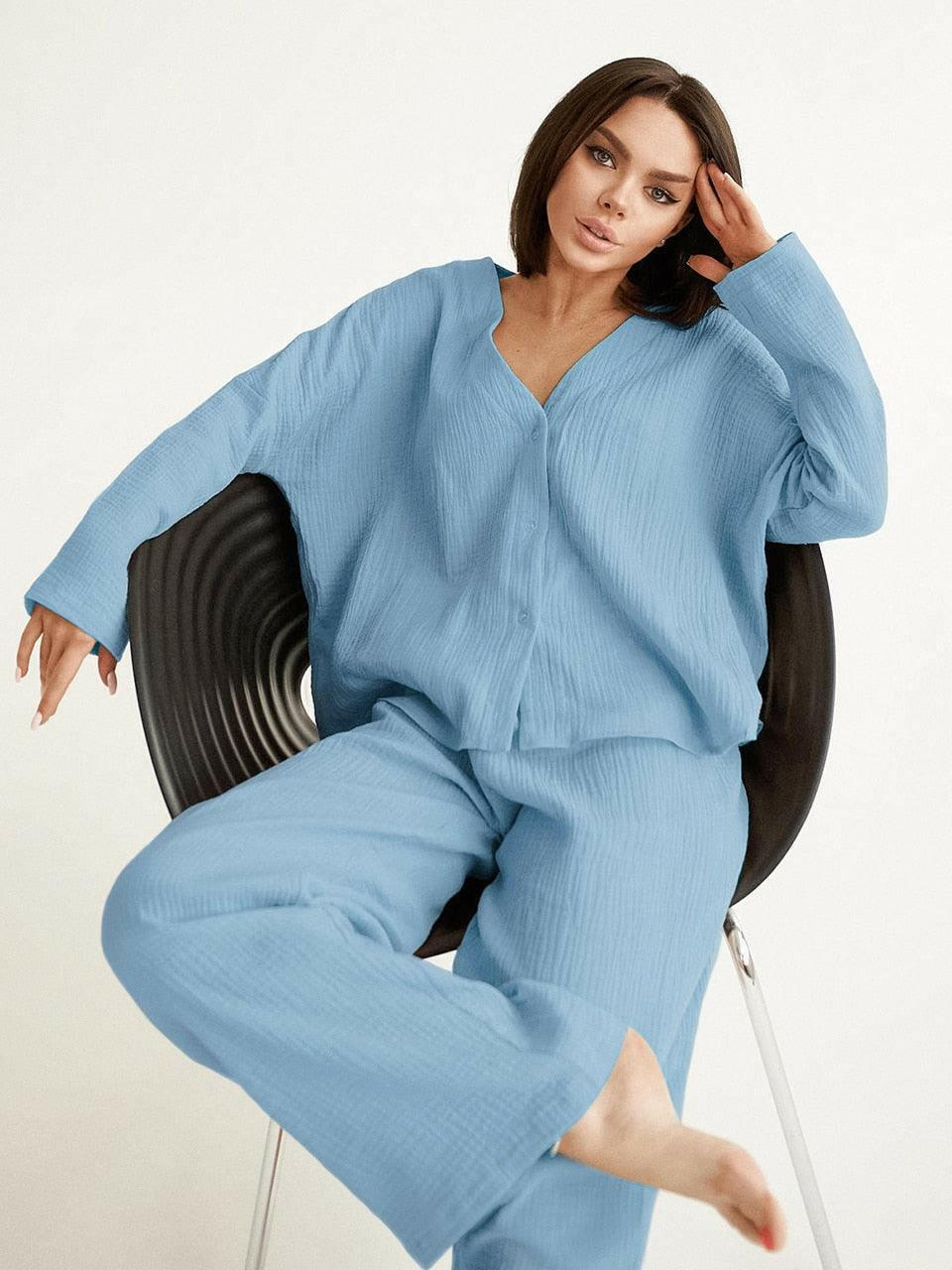 Levoire | Kaki Pur Coton Coupe Ample Pantalon Set Bleu