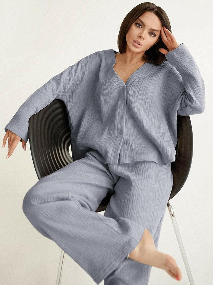 Levoire | Kaki Pur Coton Coupe Ample Pantalon Set Gris