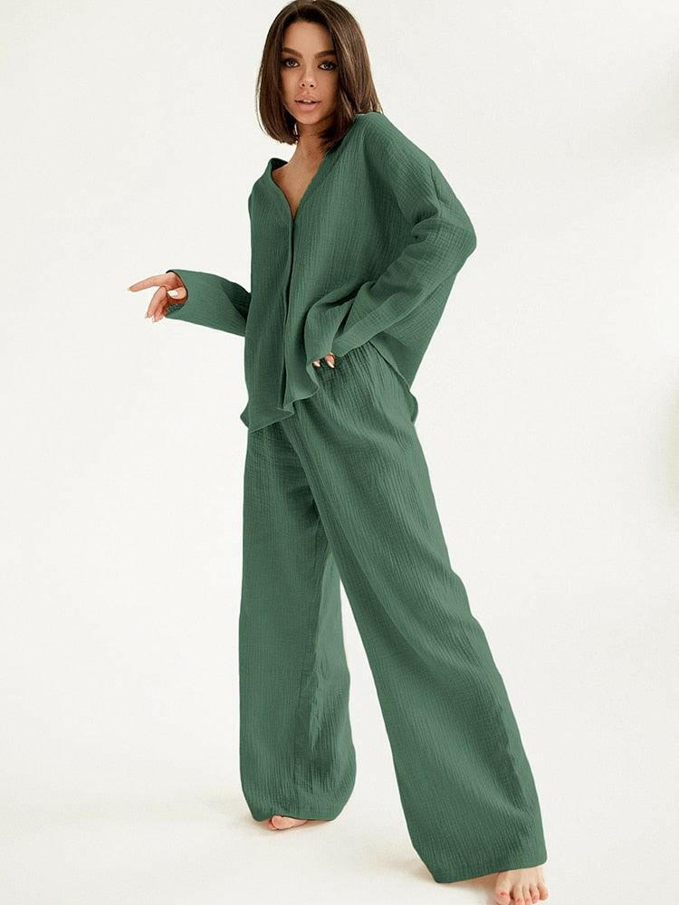 Levoire | Kaki Pur Coton Coupe Ample Pantalon Set Vert