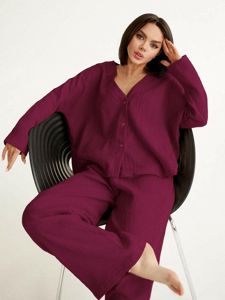 Levoire | Kaki Pur Coton Coupe Ample Pantalon Set Bordeaux