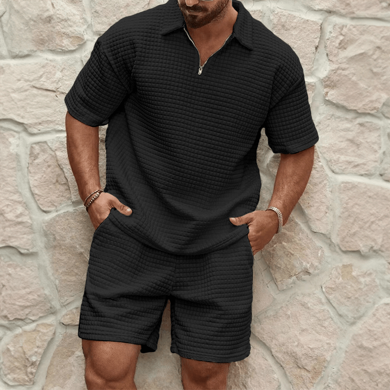 Levoire | Luxe tenue d'été pour hommes polo zippé half avec shorts assortis Noir