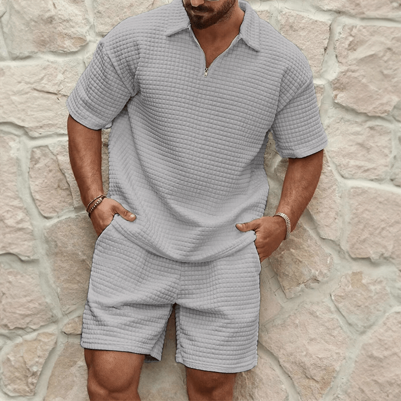 Levoire | Luxe tenue d'été pour hommes polo zippé half avec shorts assortis Gris