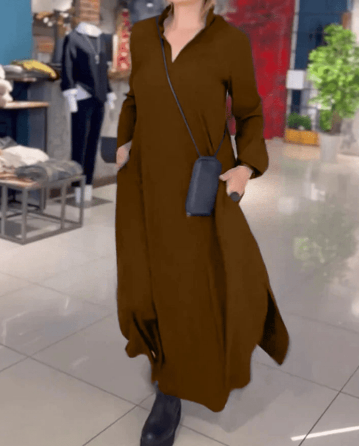 Levoire | Robe maxi dames à décolleté en V avec fente latérale Design élégant & confort Braun