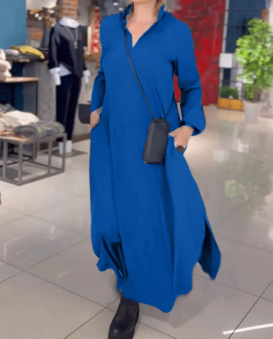 Levoire | Robe maxi dames à décolleté en V avec fente latérale Design élégant & confort Bleu
