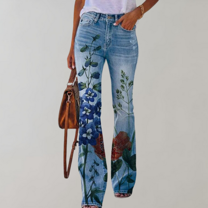 Levoire | Pantalon Flare Pour Femmes Avec Des Imprimés Vifs Chic, Confortable Et Polyvalent Avec fleur bleue