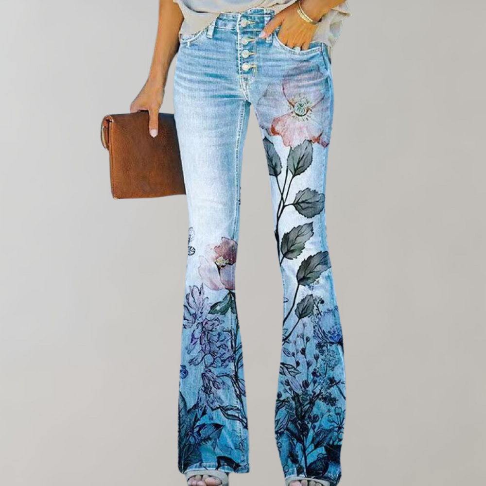 Levoire | Pantalon Flare Pour Femmes Avec Des Imprimés Vifs Chic, Confortable Et Polyvalent Avec fleur rose