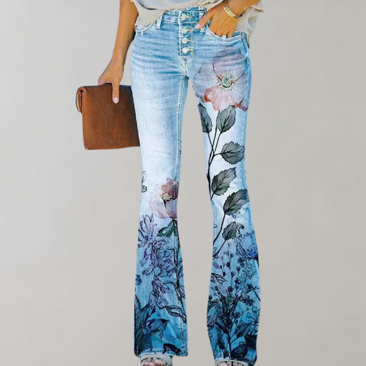 Levoire | Pantalon Flare Pour Femmes Avec Des Imprimés Vifs Chic, Confortable Et Polyvalent Avec fleur rose
