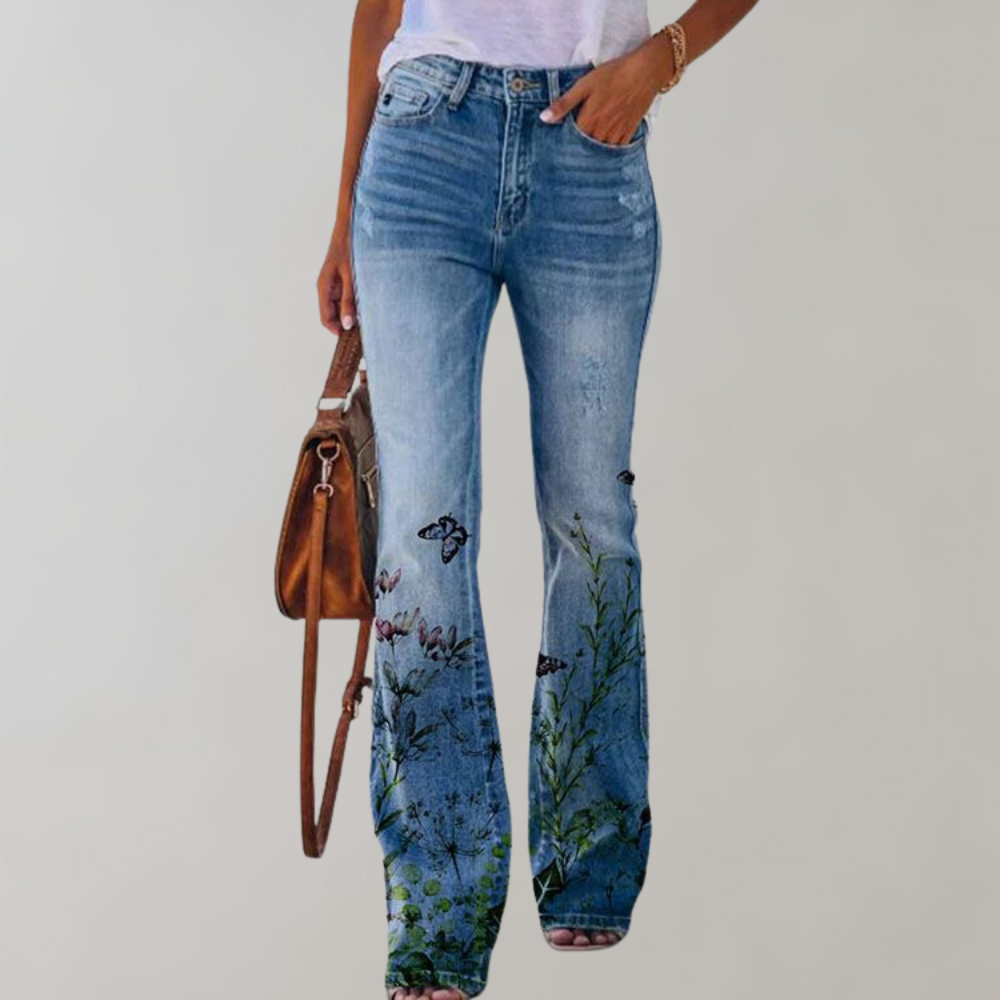 Levoire | Pantalon Flare Pour Femmes Avec Des Imprimés Vifs Chic, Confortable Et Polyvalent Avec papillon noir