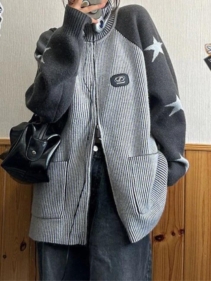 Levoire | Cardigan Décontracté Imprimé Étoile Tricoté Col Haut Gris