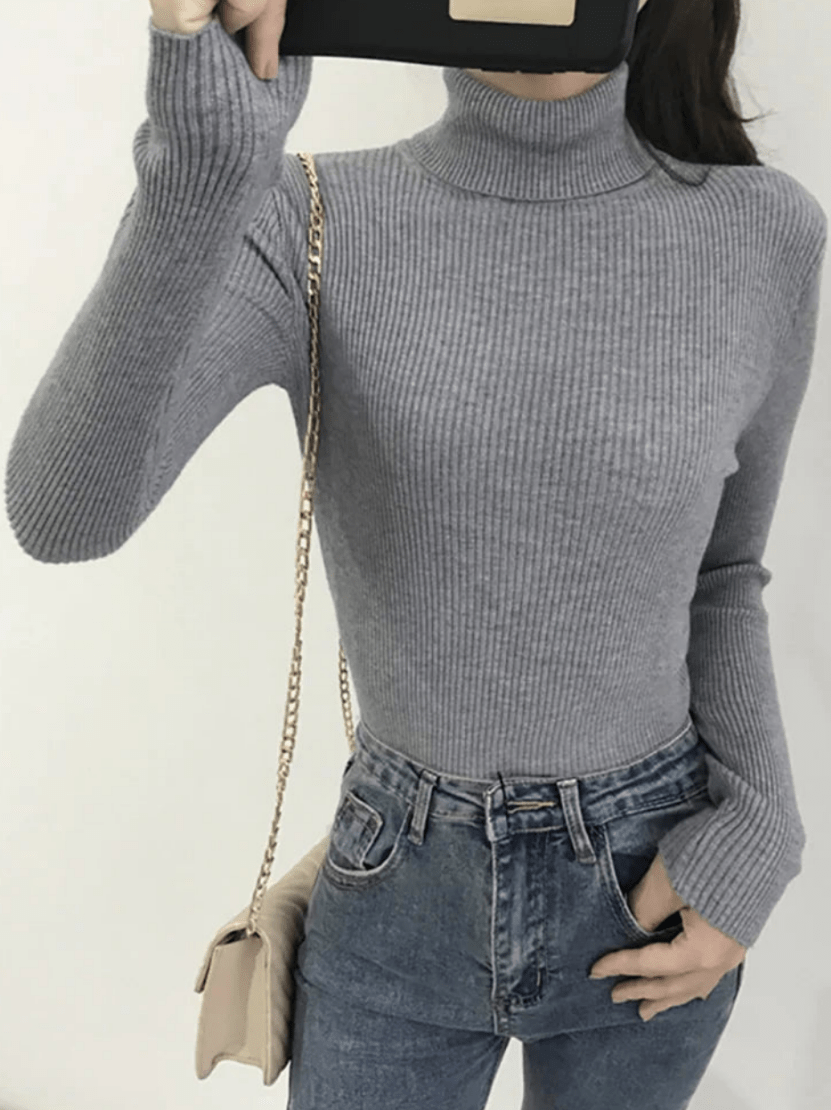 Levoire | Pull pour femmes côtelé chaud confortable col roulé slim fit Gris Une taille