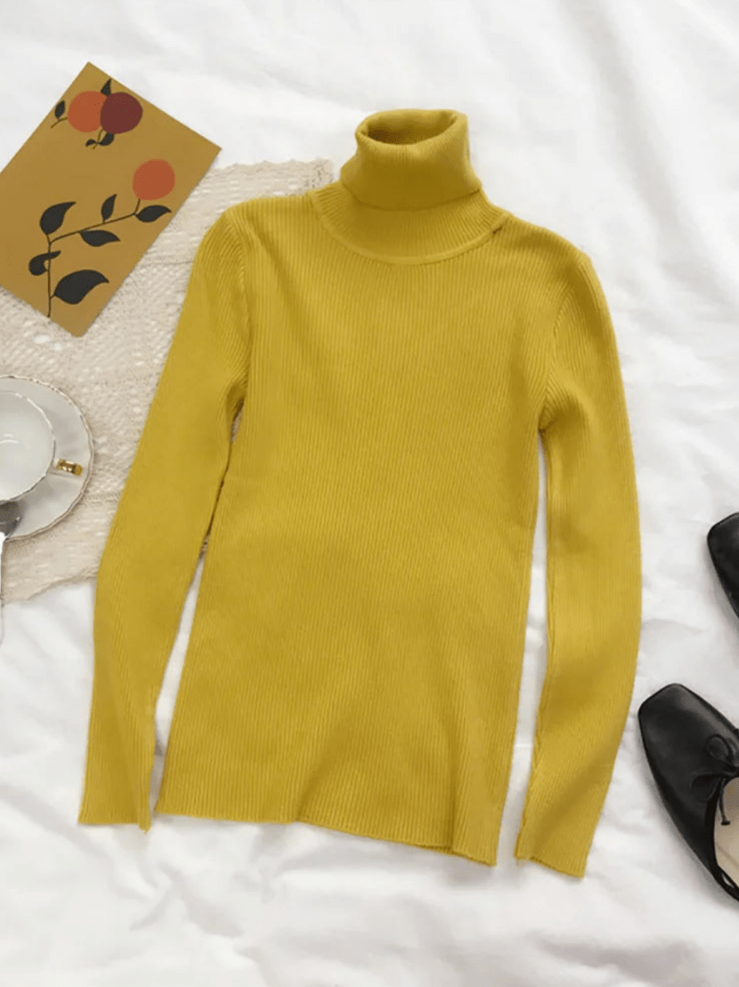 Levoire | Pull pour femmes côtelé chaud confortable col roulé slim fit Jaune Une taille