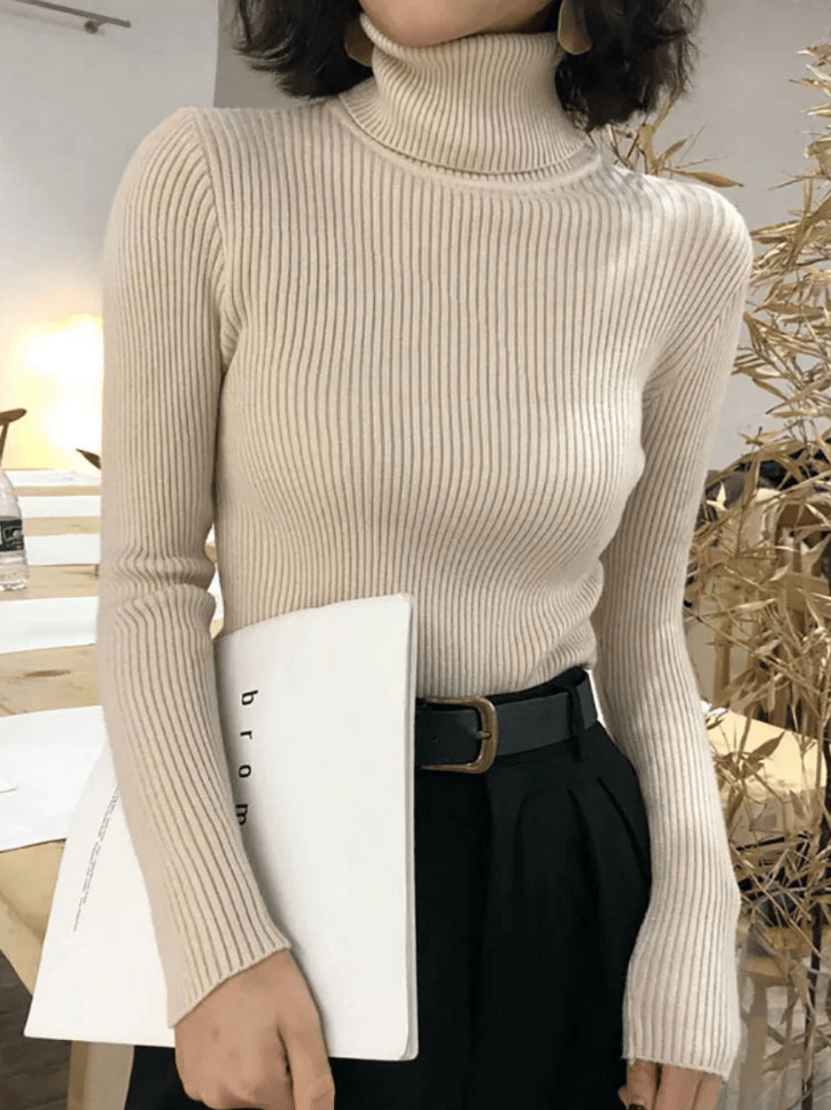 Levoire | Pull pour femmes côtelé chaud confortable col roulé slim fit Beige Une taille