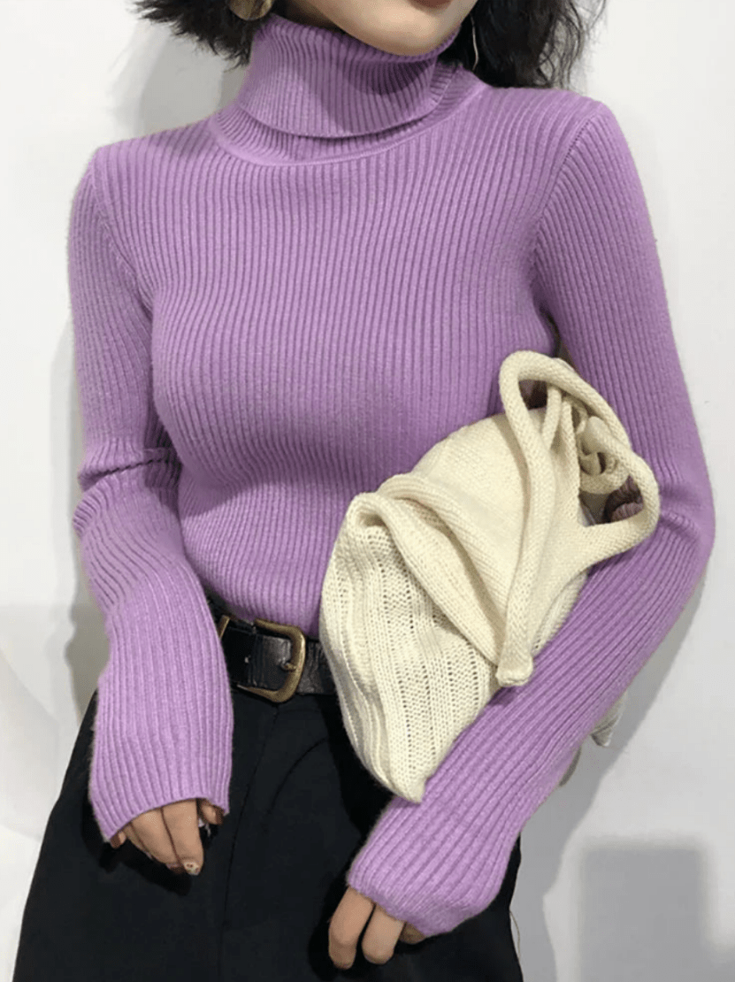 Levoire | Pull pour femmes côtelé chaud confortable col roulé slim fit Lilas Une taille