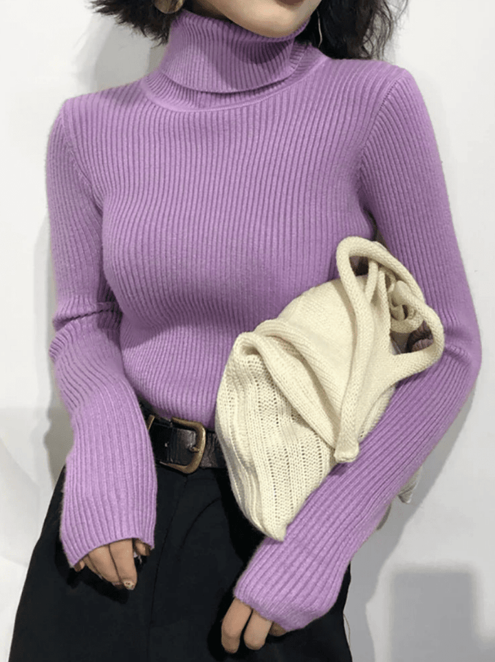 Levoire | Pull pour femmes côtelé chaud confortable col roulé slim fit Lilas Une taille
