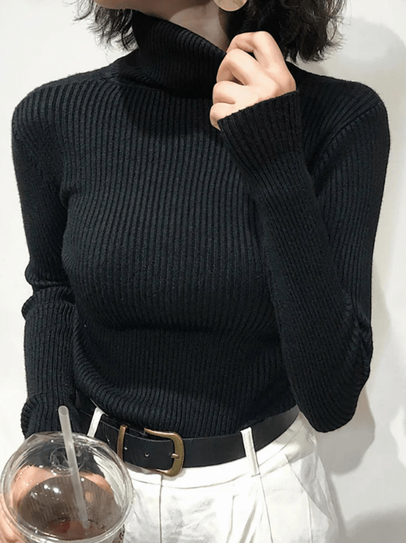 Levoire | Pull pour femmes côtelé chaud confortable col roulé slim fit Noir Une taille
