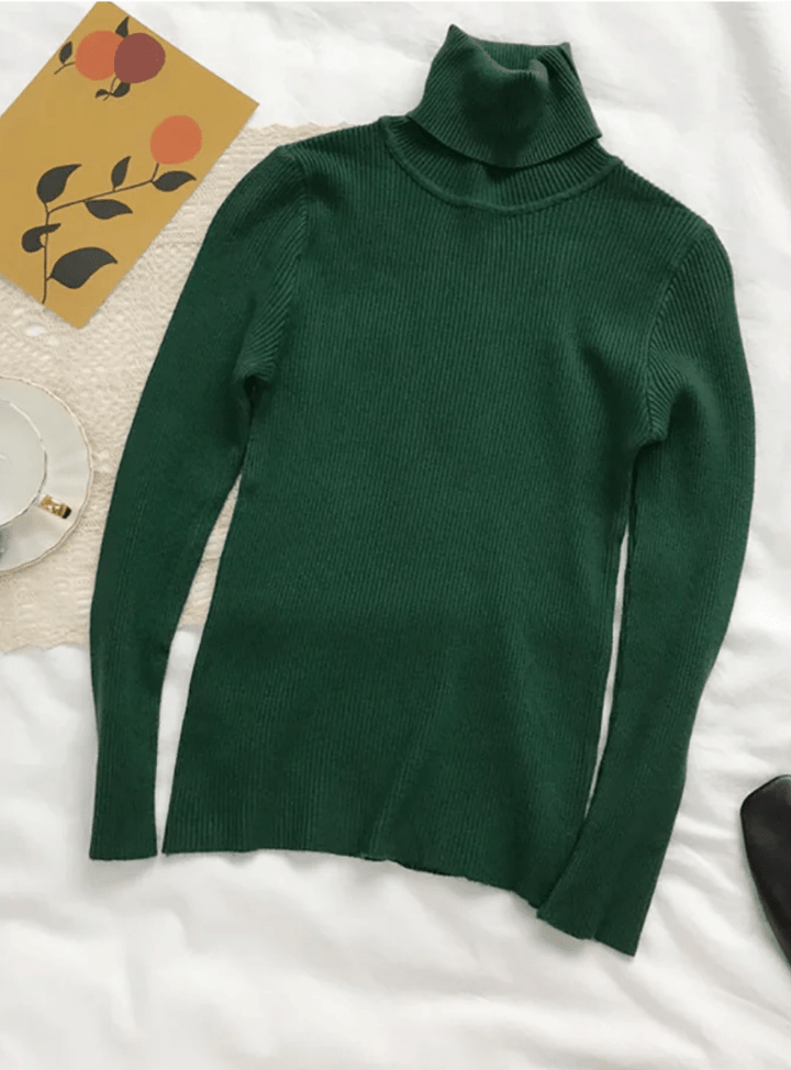 Levoire | Pull pour femmes côtelé chaud confortable col roulé slim fit Vert Une taille